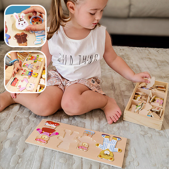 petite fille qui joue au puzzle 3d en bois oursons