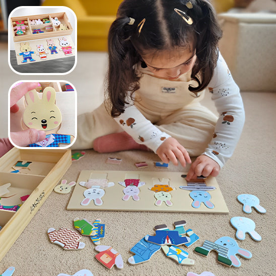 petit fille joue avec puzzle 3d en bois petits lapins