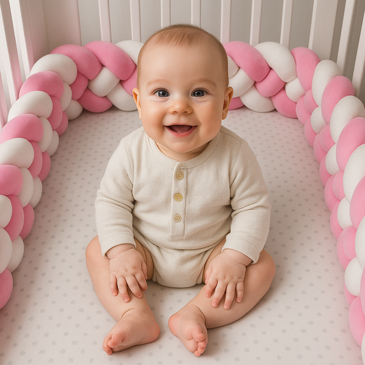 bébé dans un lit avec le tour de lit tresse bebe
