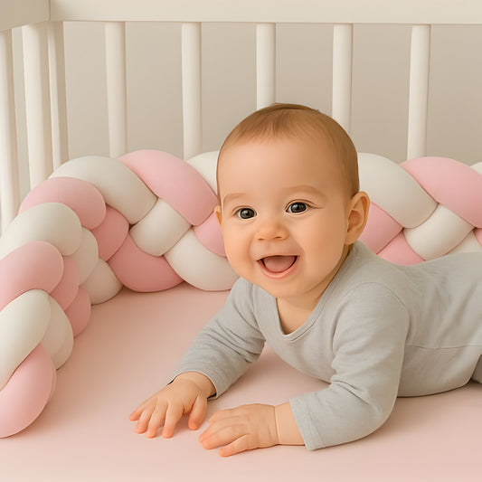 bébé sur le ventre avec sa tresse de lit