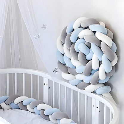 tour de lit bébé tresse bleu blanche grise