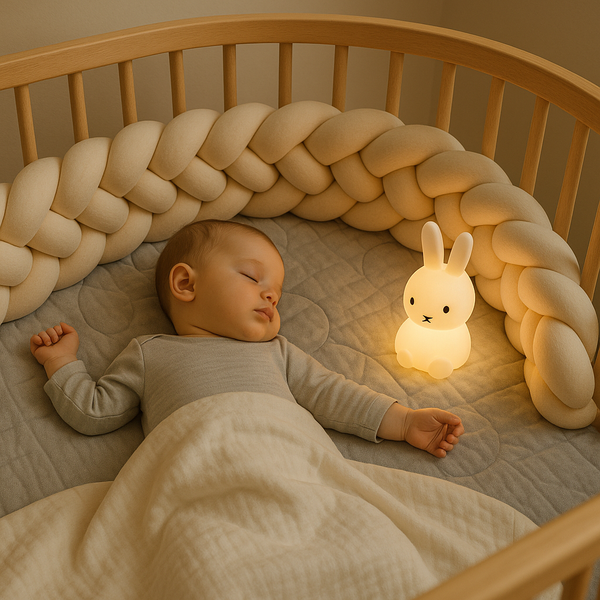 bébé qui dort dans son lit avec sa tresse de lit beige