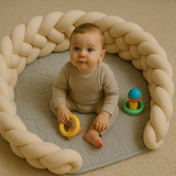 tresse de lit beige qui délimite l'espace de jeux de bébé